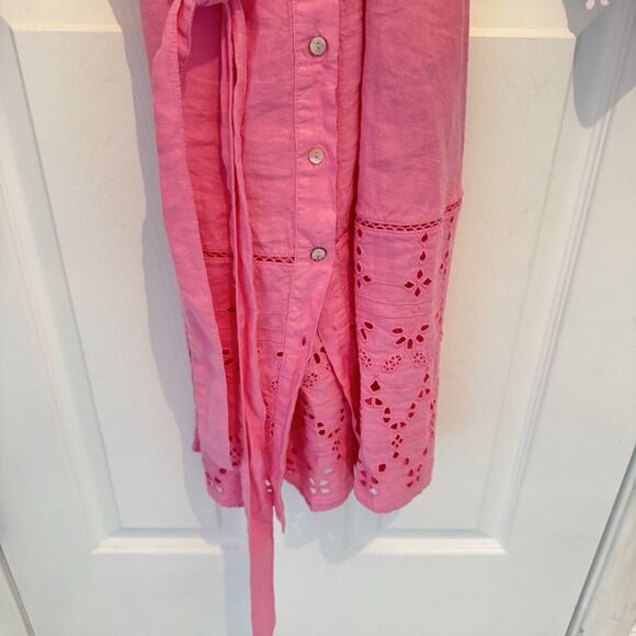 120 LINO 100% Linen Eyelet Detail ShirtDress pink 2061tn - Picture 6 of 7